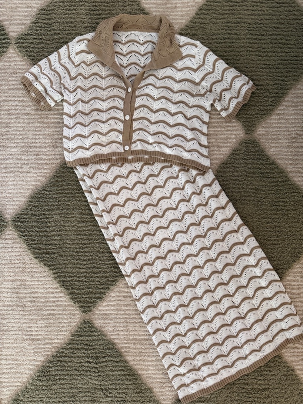 Two-Piece Crochet Knit Set in White and Taupe